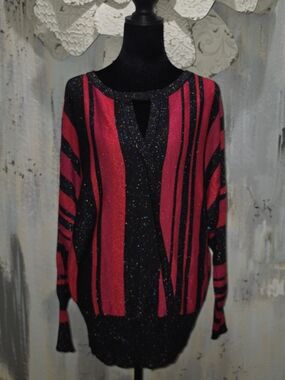 NWT Joseph A Black,Red & Hot Pink Sparkle Striped Keyhole Party/ Elegant Sweater